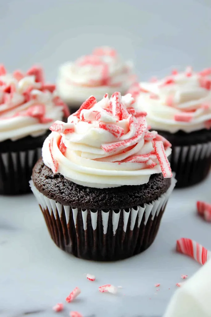 Plate of cupcakes with colorful frosting and candy topping, creating a cheerful winter-inspired presentation.