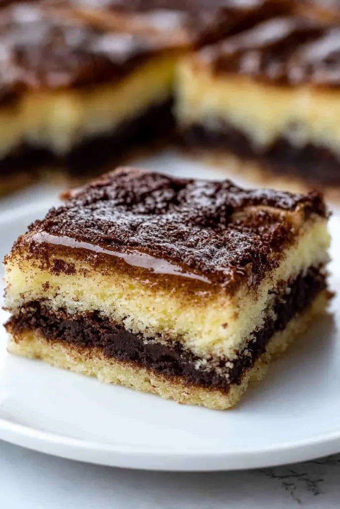 Layered cake squares with glossy chocolate topping and light sponge base on a white plate.