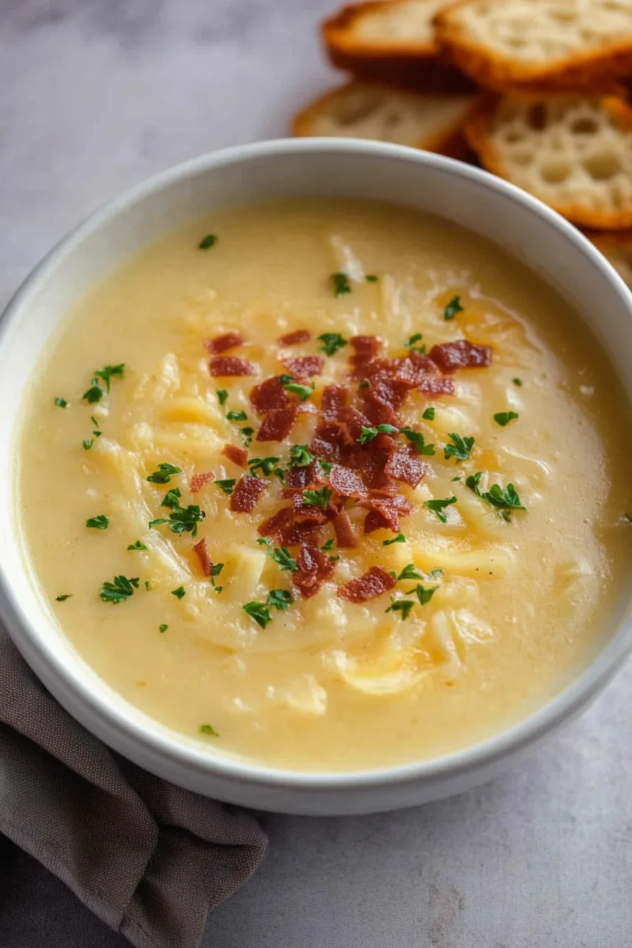 Overhead view of hearty soup with smooth surface, accented by herbs and crunchy toppings.