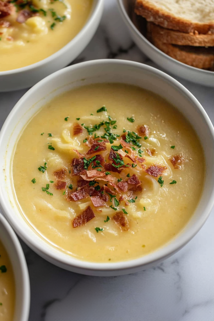 Comforting bowl of warm soup served alongside toasted bread slices on a plate.