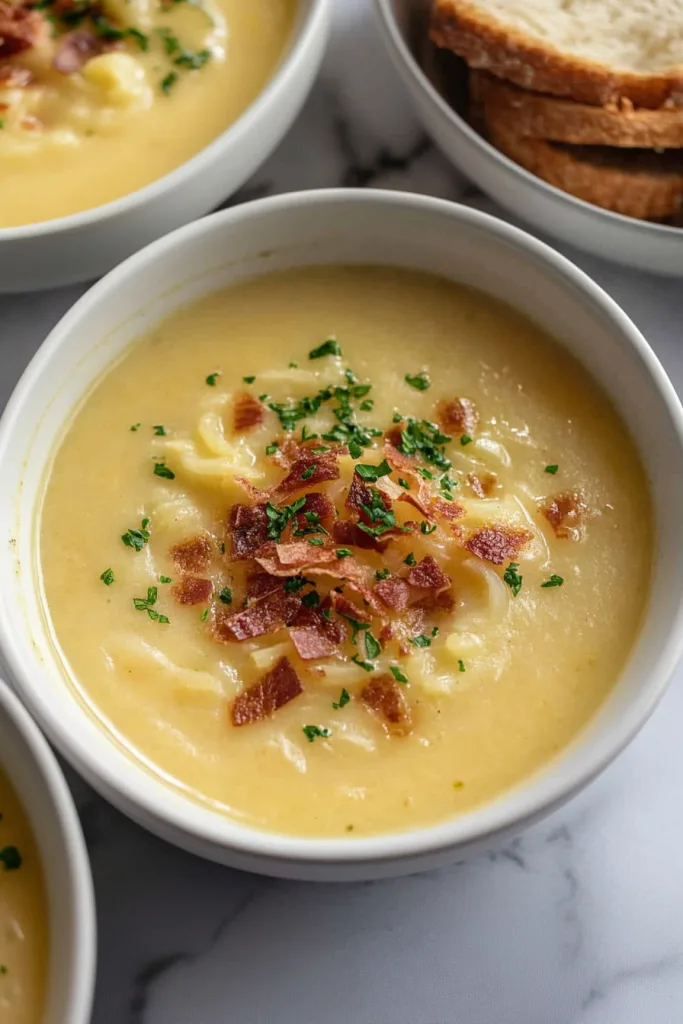 Comforting bowl of warm soup served alongside toasted bread slices on a plate.
