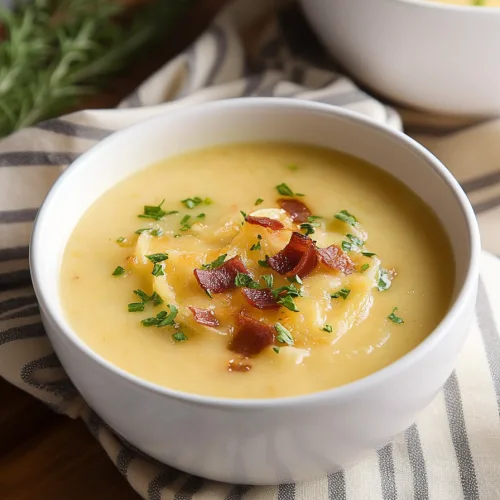 Rustic presentation of creamy soup emphasizing its rich consistency and savory garnish.