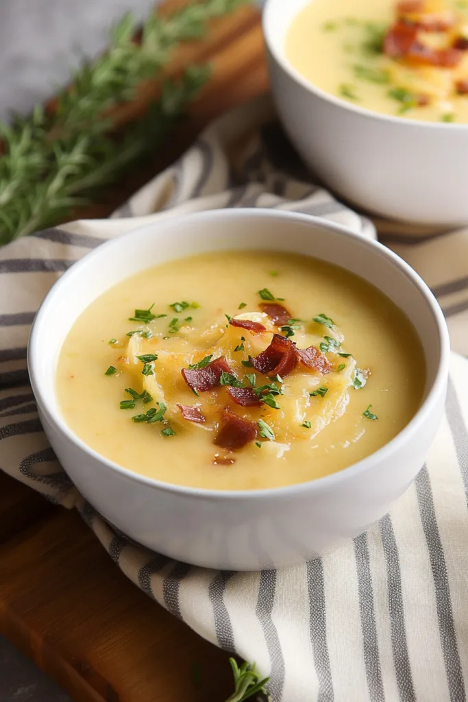 Rustic presentation of creamy soup emphasizing its rich consistency and savory garnish.
