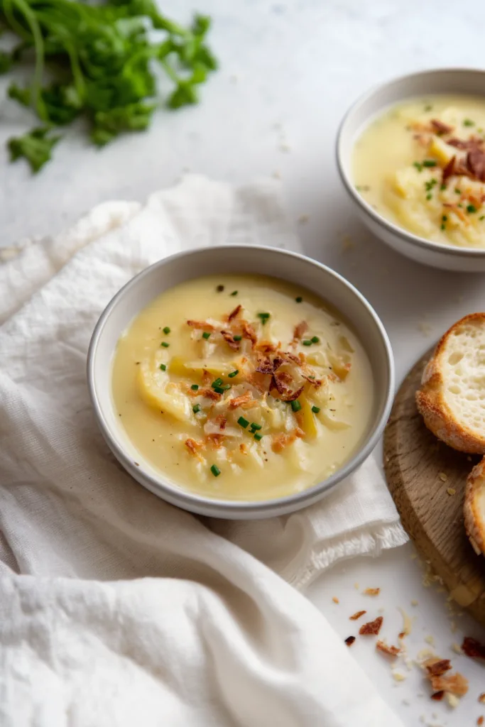 Creamy golden soup topped with crispy bacon pieces and fresh parsley in a white bowl.
