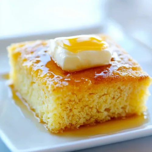 Square of golden cornbread topped with melting butter on a white plate.
