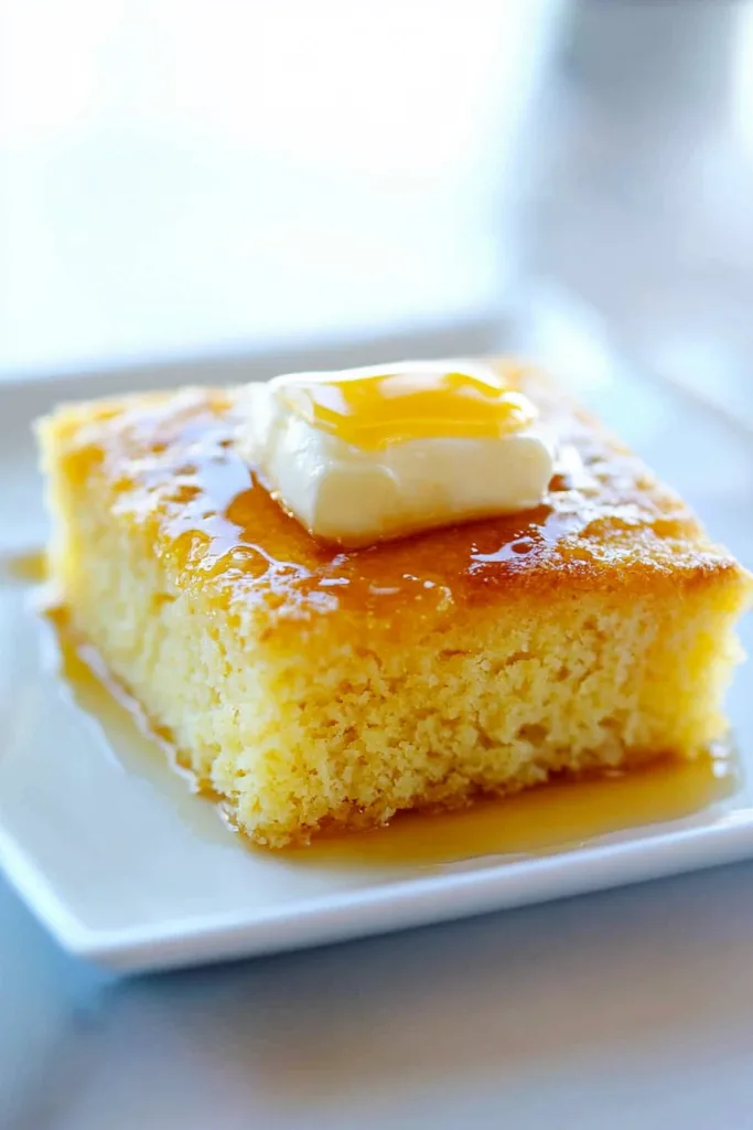 Square of golden cornbread topped with melting butter on a white plate.