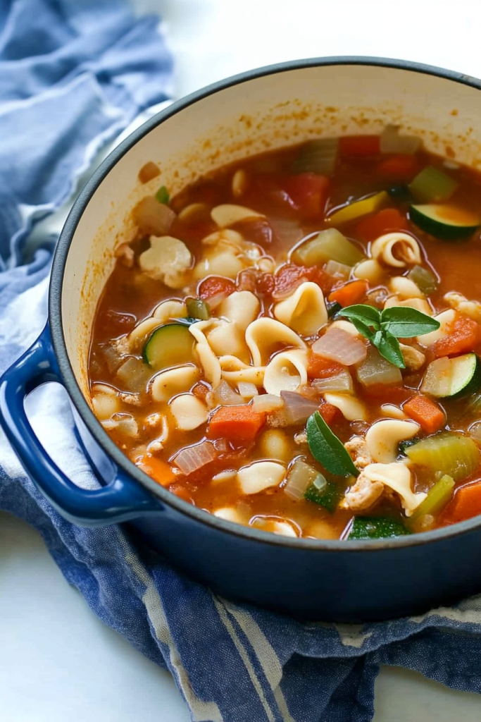 Warm, rustic soup highlighting fresh vegetables in a rich broth.