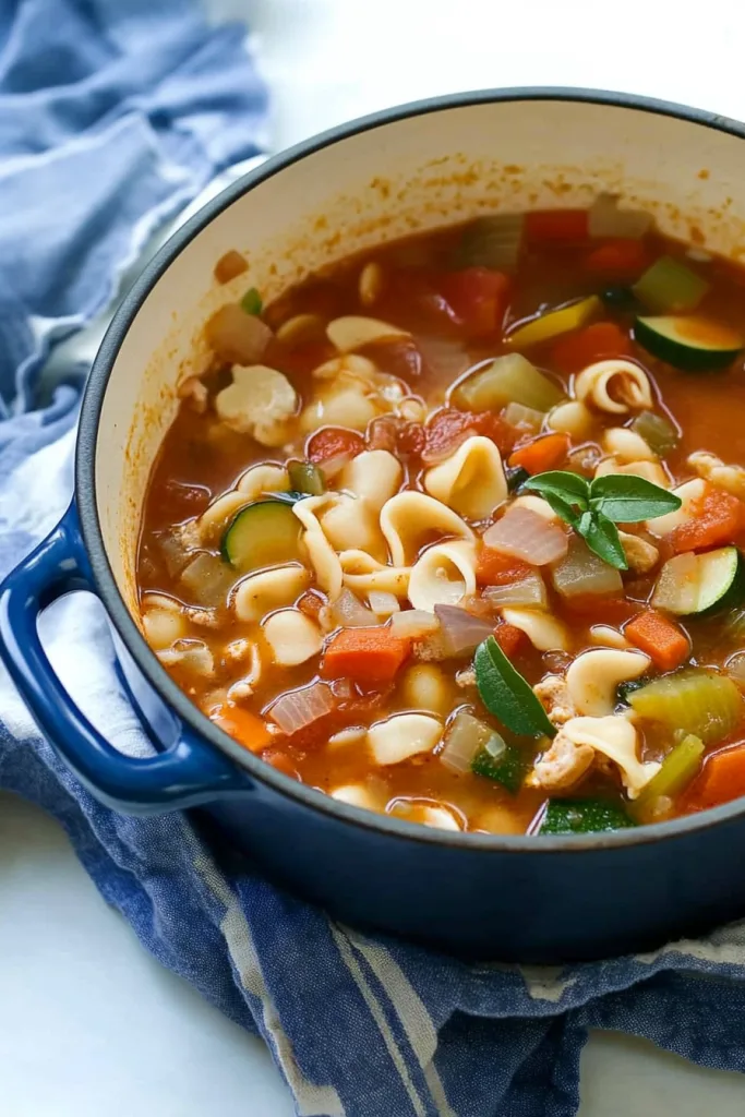 Warm, rustic soup highlighting fresh vegetables in a rich broth.