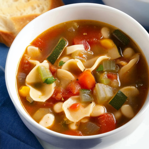 Comforting soup served with bread in the background on a blue cloth.