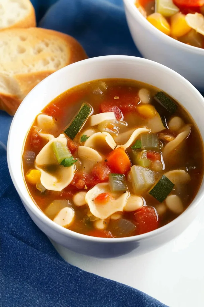 Comforting soup served with bread in the background on a blue cloth.