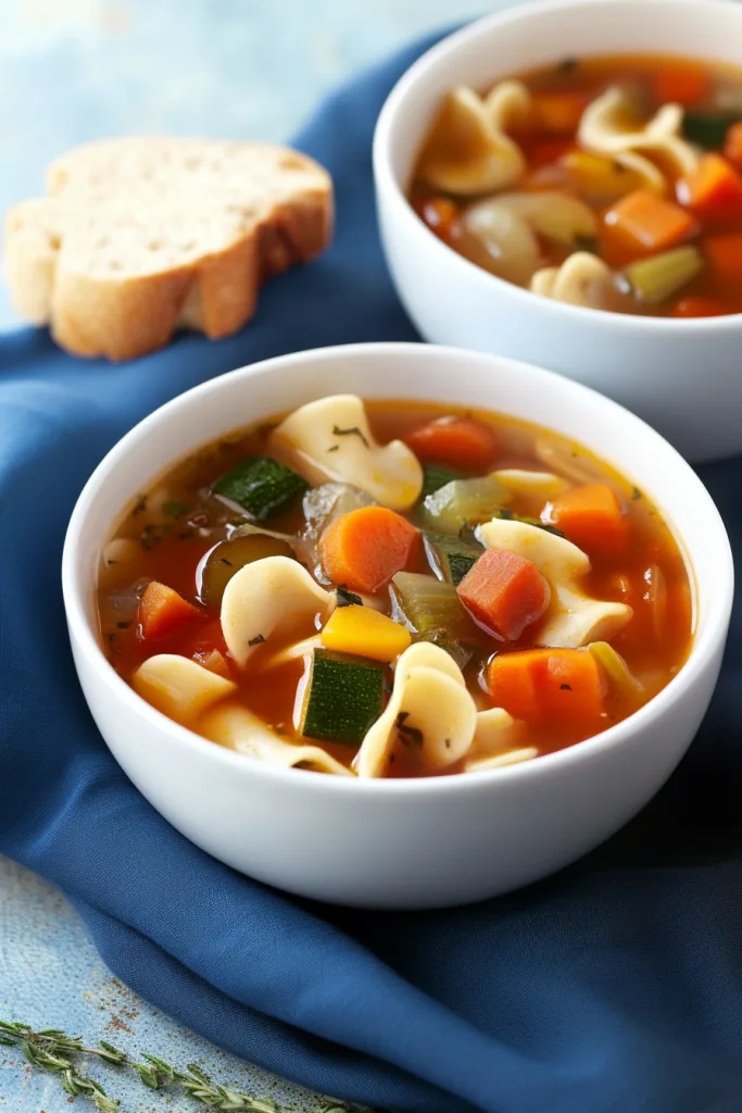 White bowl of hearty vegetable soup with beans, carrots, and greens.