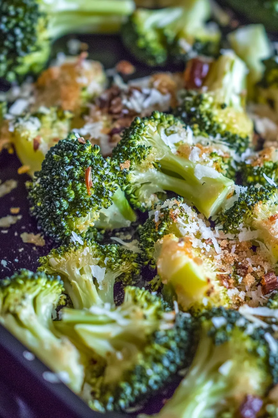 Oven-baked broccoli side dish with golden cheese seasoning and toasted toppings