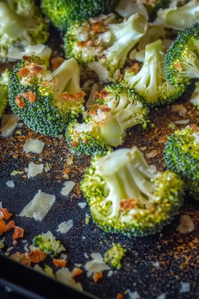 Roasted broccoli florets topped with crispy parmesan and crunchy bacon bits