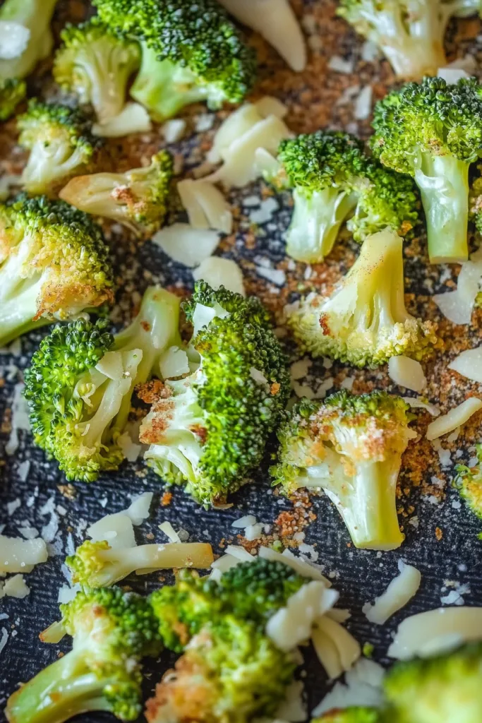Crispy baked broccoli in a casserole dish with cheesy garlic coating