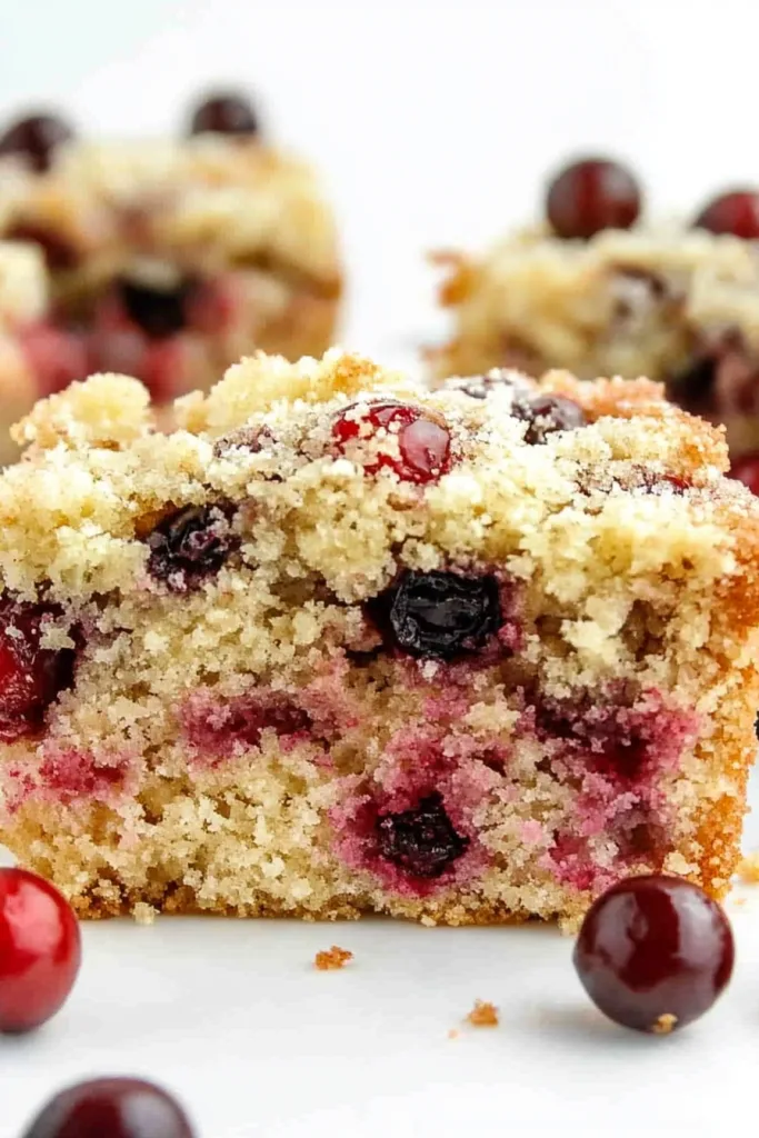 Freshly baked coffee cake slice showing juicy cranberries inside the soft texture