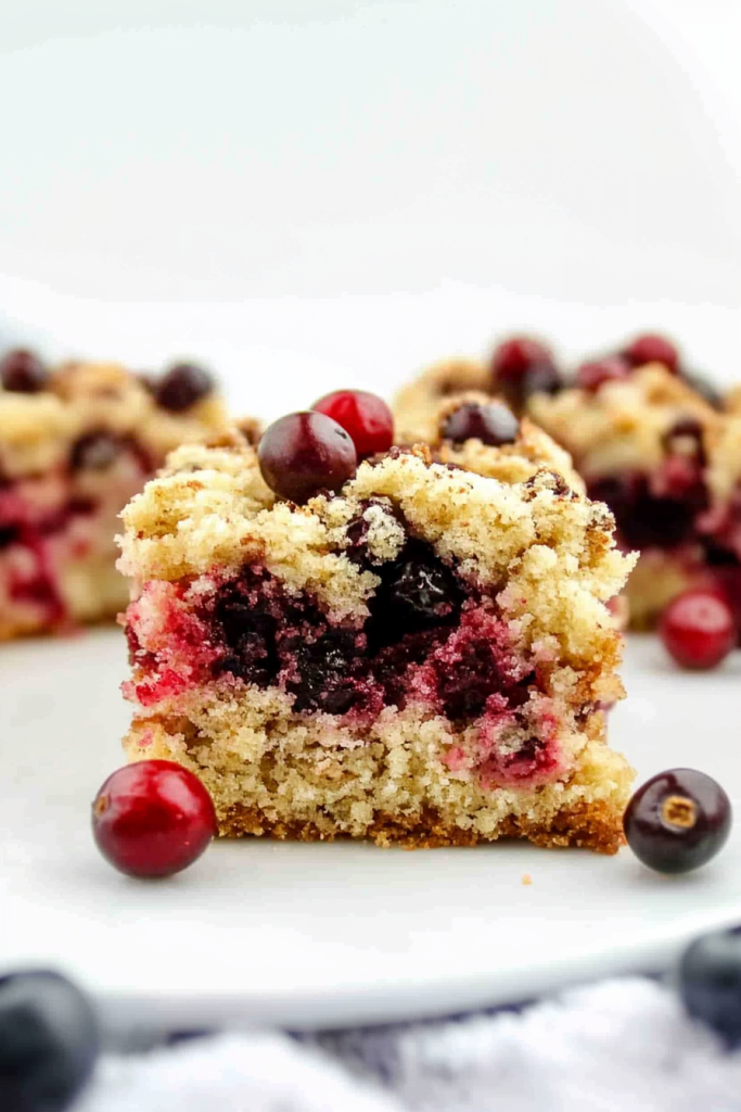 Plated dessert featuring a rustic slice of cake with cranberries baked throughout