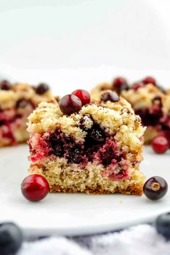 Plated dessert featuring a rustic slice of cake with cranberries baked throughout