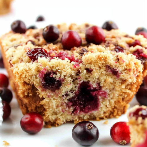 Close-up of tender crumb cake with red berries scattered around the serving dish
