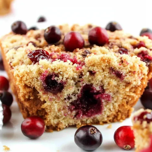 Close-up of tender crumb cake with red berries scattered around the serving dish