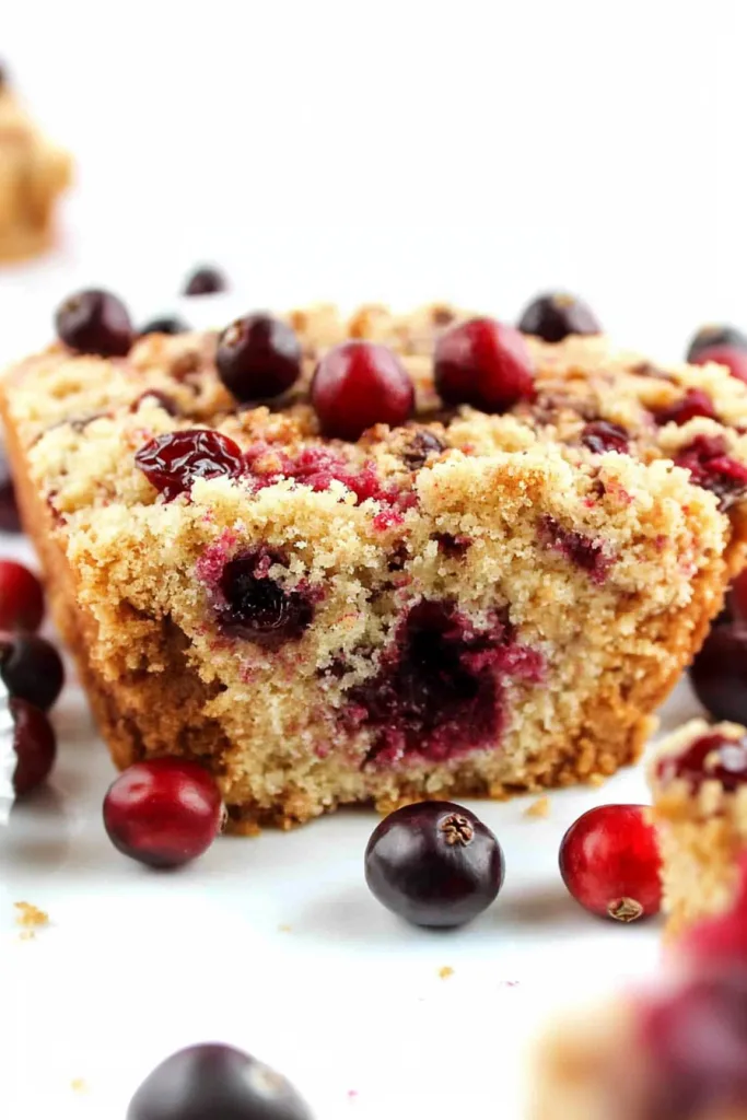 Close-up of tender crumb cake with red berries scattered around the serving dish
