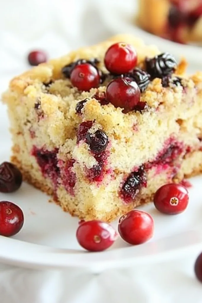 Golden-brown slice of moist cake dotted with cranberries on a white plate