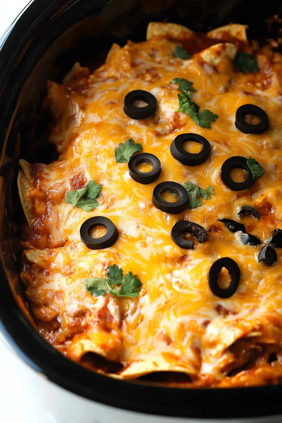 Final dish of creamy chicken enchilada casserole garnished with sliced black olives and cilantro leaves