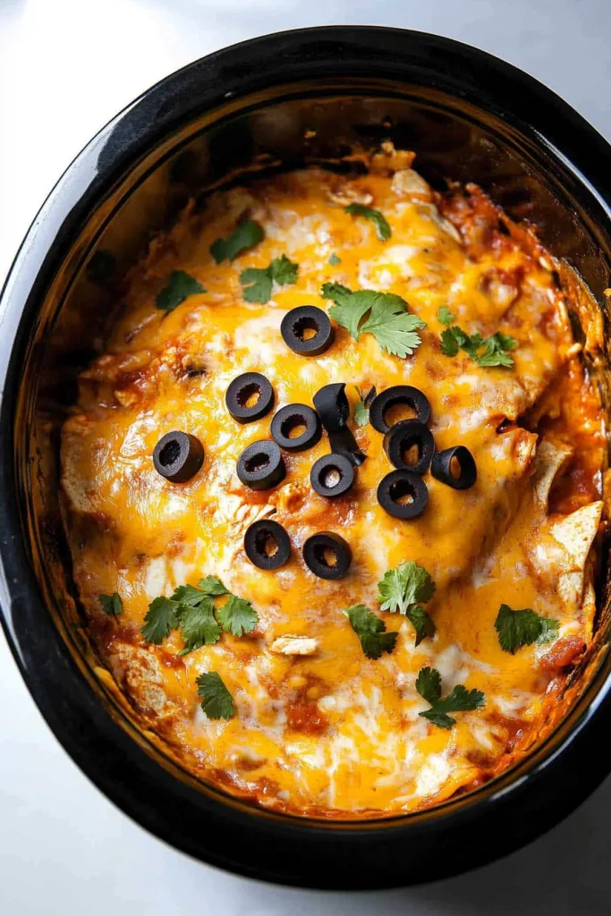 Slow cooker chicken enchilada casserole topped with melted cheese, black olives, and fresh cilantro