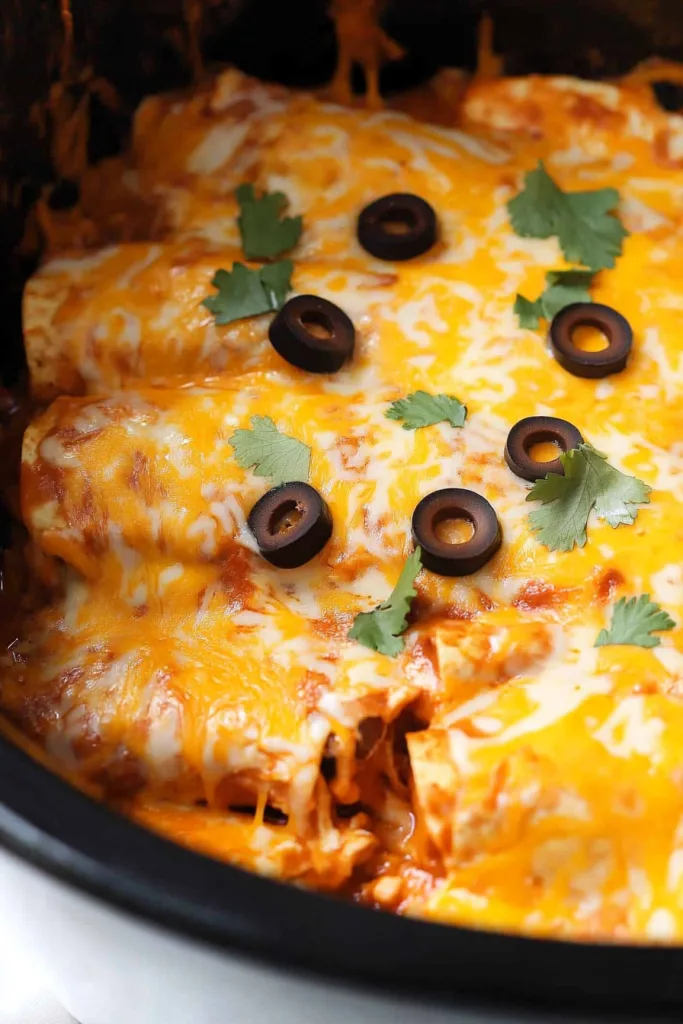 Homemade Mexican-style chicken casserole with melted cheddar cheese and enchilada sauce in a crock pot
