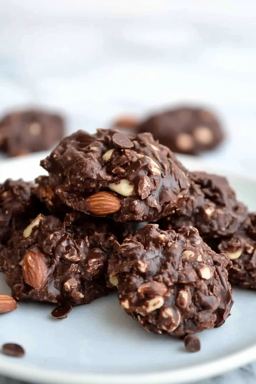 Dark chocolate treat with nut pieces and a chewy, glossy finish.