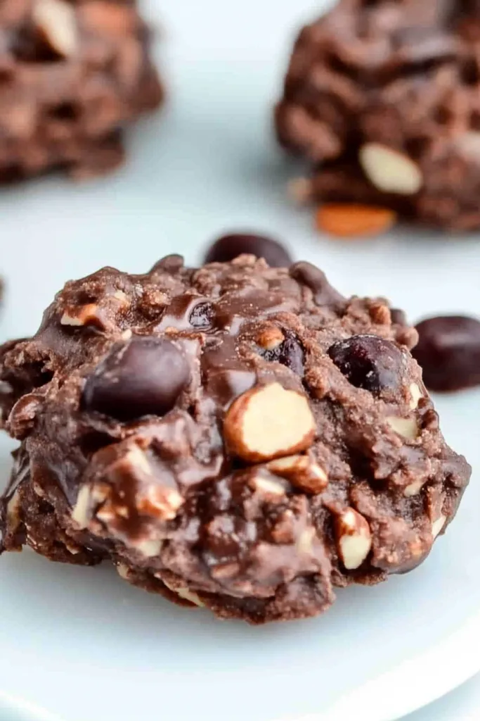 Plate of rustic chocolate crisps, highlighting their chunky surface.