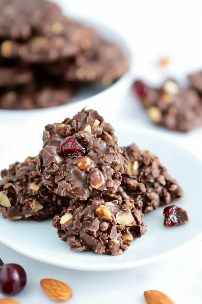 Homemade-style chocolate cluster with almonds and cherries peeking through.