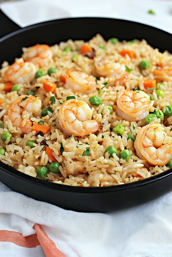 Bowl of savory seafood rice with tender shrimp, peas, and carrots for a quick dinner