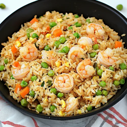 Fluffy rice stir-fried with plump shrimp and colorful vegetables, ready to serve