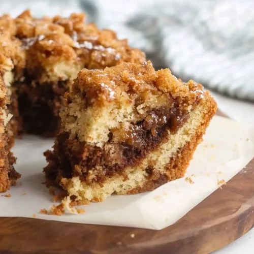 Rustic cake presentation on parchment paper, highlighting its crisp topping.