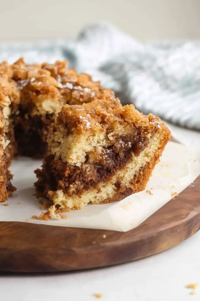 Rustic cake presentation on parchment paper, highlighting its crisp topping.