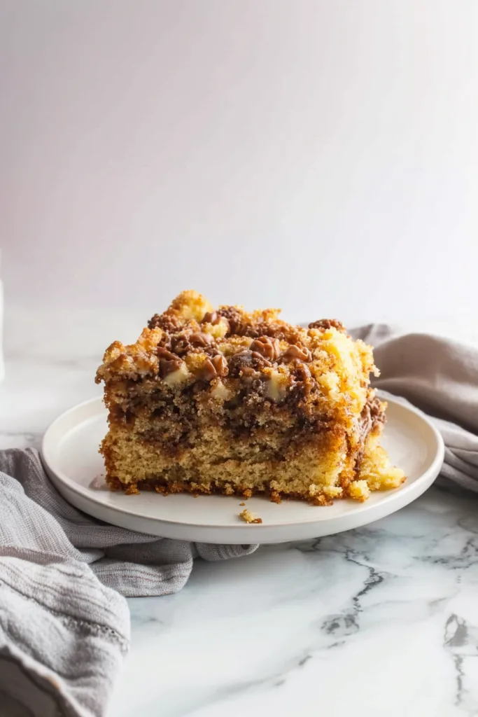 Moist cake slice with golden crumb topping and a dusting of powdered sugar.