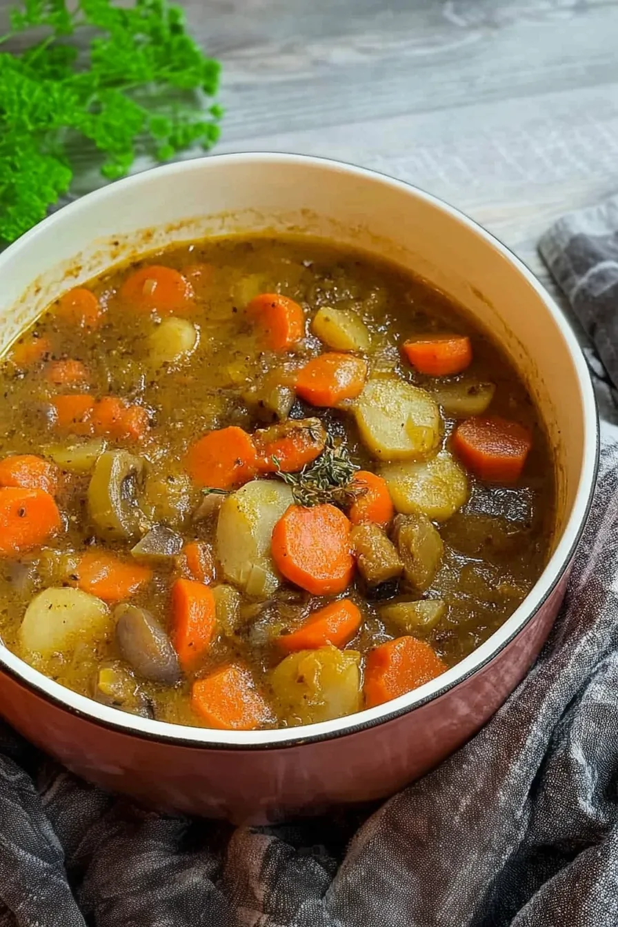 A pot filled with chunky carrots, potatoes, and mushrooms in thick broth.