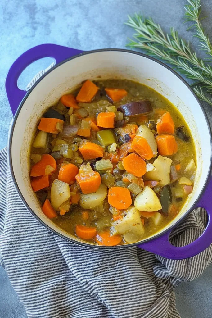 Overhead view of hearty vegetable pottage served in a round pot.
