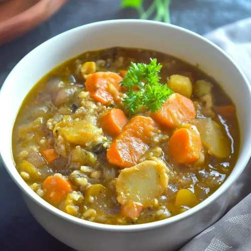 Comforting homemade dish featuring carrots, potatoes, and onions in rich stock.