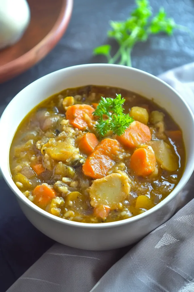 Comforting homemade dish featuring carrots, potatoes, and onions in rich stock.