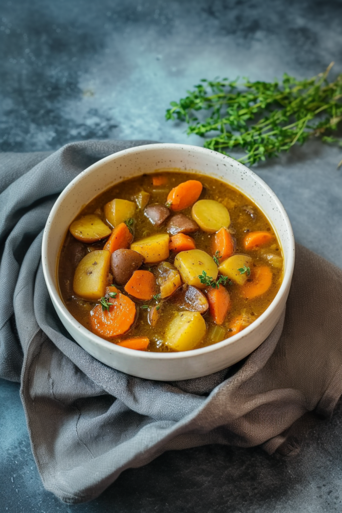 Warm, colorful stew highlighting cooked vegetables in a brown sauce.