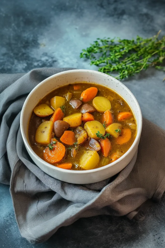 Warm, colorful stew highlighting cooked vegetables in a brown sauce.