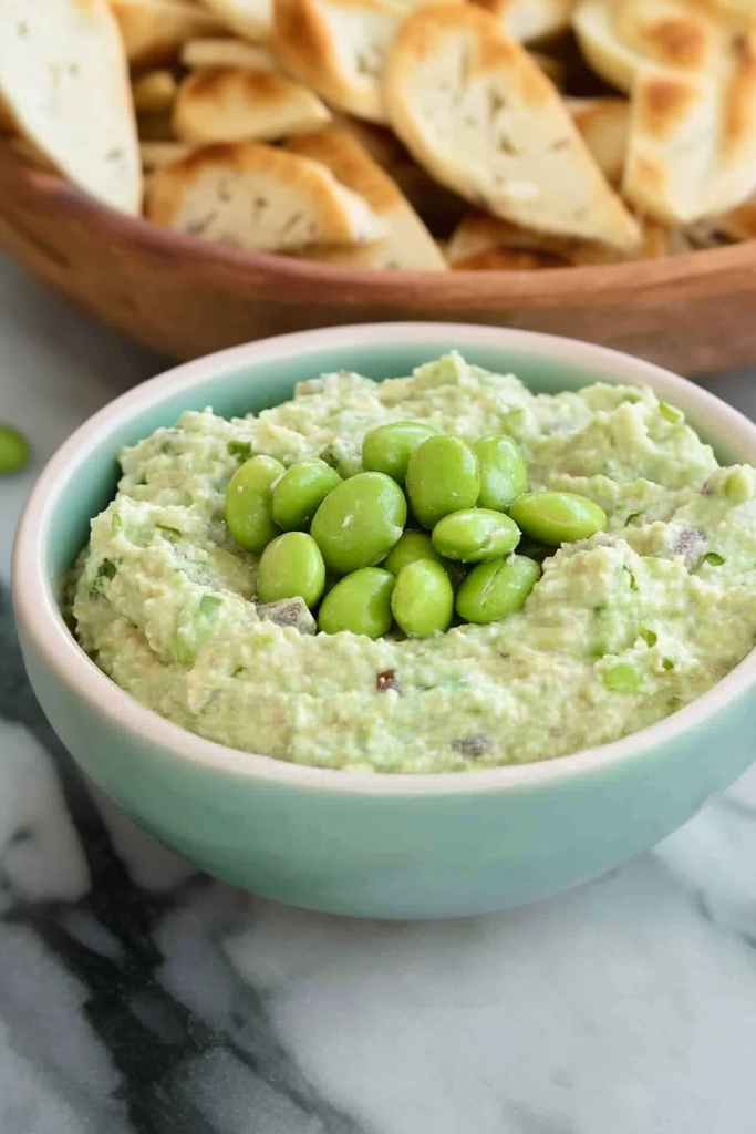 Bright green spread with scattered beans and nuts for texture.