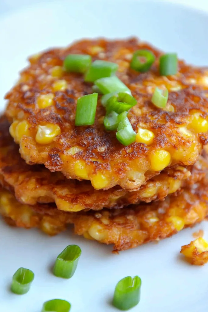 Warm fritters piled high, with visible corn kernels and a garnish of chopped scallions.