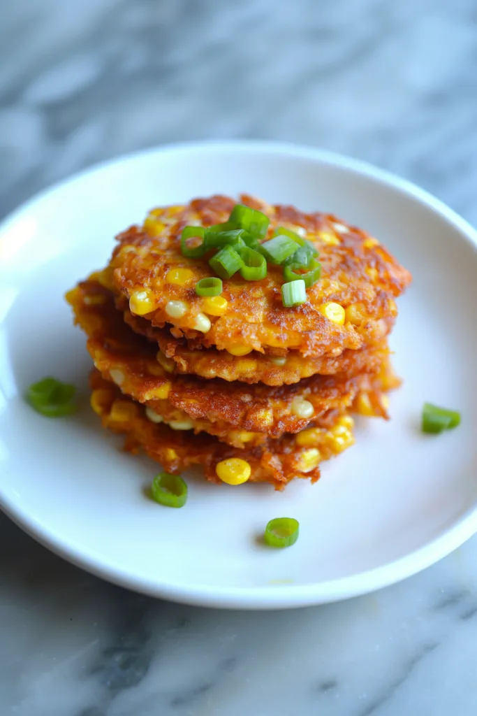 Plated fritters with scattered green onion pieces adding color contrast.