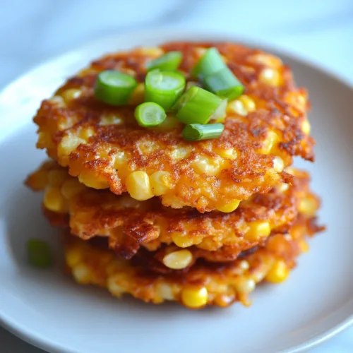 A stack of golden fritters topped with fresh green onions on a white plate.