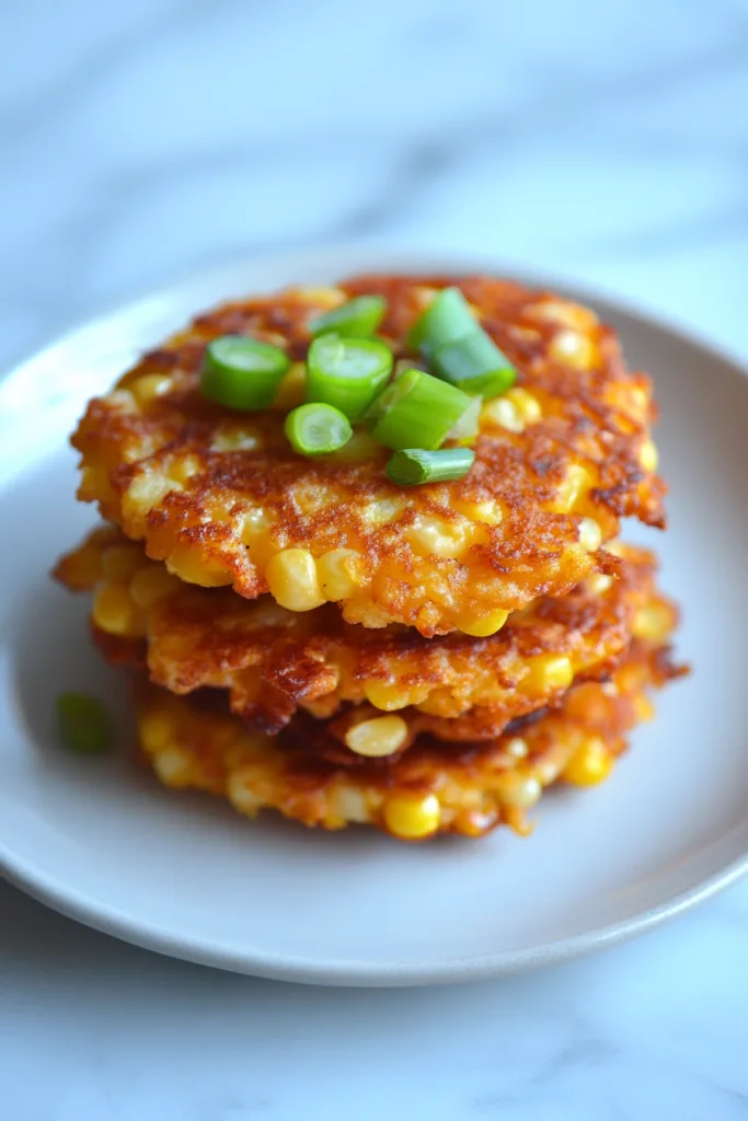 A stack of golden fritters topped with fresh green onions on a white plate.