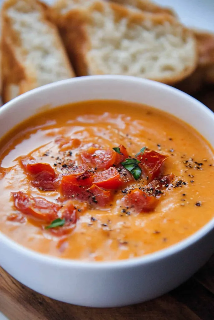 Rich red soup served with basil garnish and bread slices in the background.