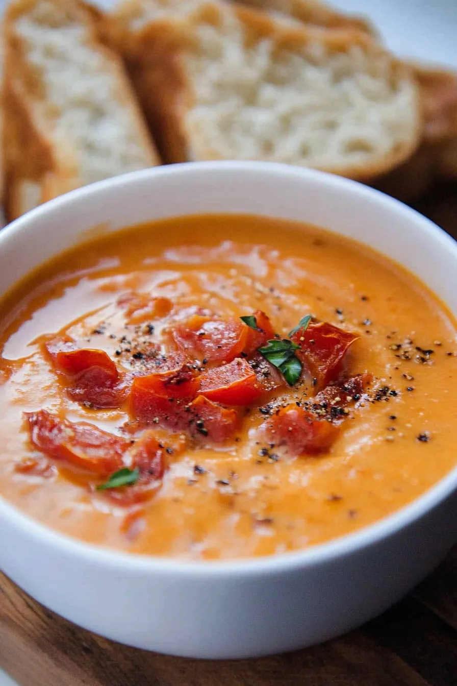 Rich red soup served with basil garnish and bread slices in the background.