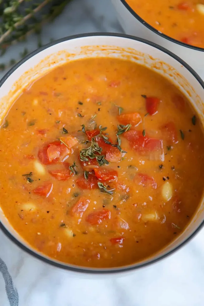 Warm, vibrant soup with chunks of tomato and herbs.